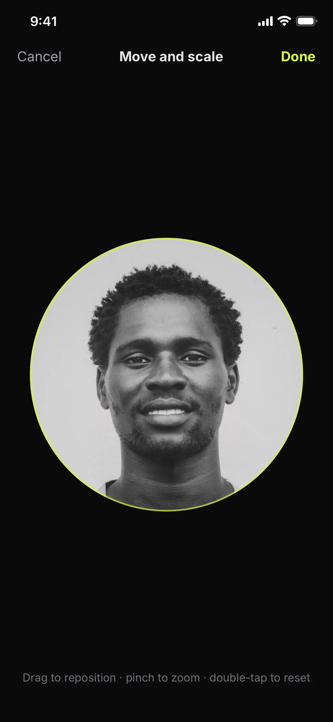 The Scoutyx app’s Move and scale screen, cropping a head-and-shoulders photo for a profile.