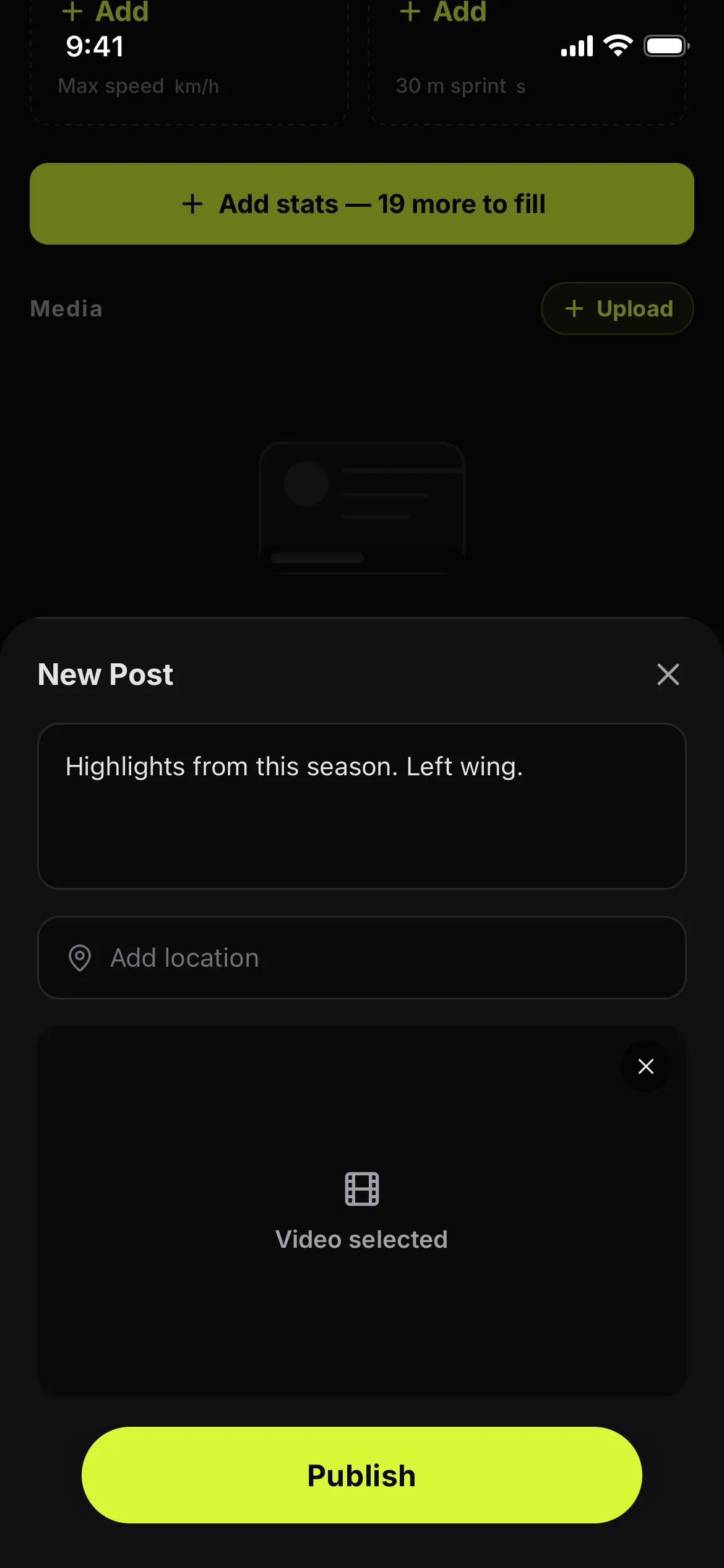 The Scoutyx app’s New Post sheet with a highlight video selected and a short caption, ready to publish.