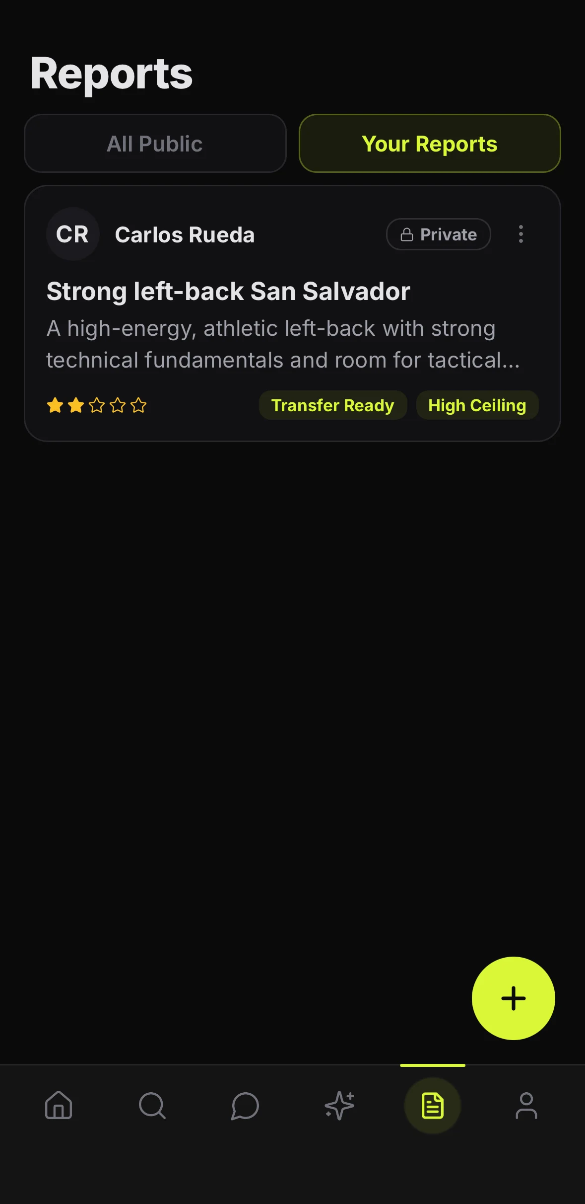 Scouting reports list with public and private reports